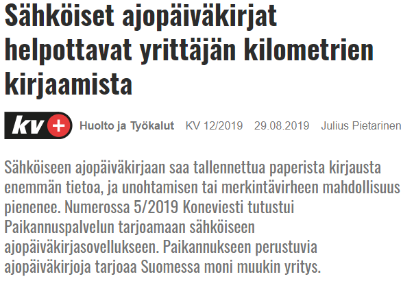 Ajokki Ajopäiväkirja esillä Koneviestissä 29.8.2019